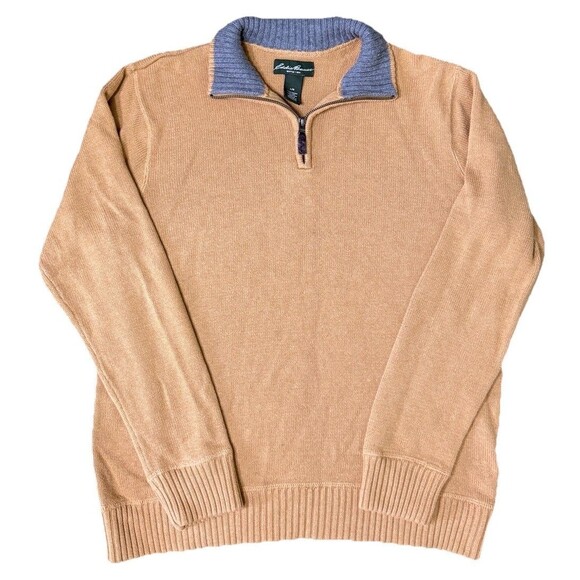 Vintage Eddie Bauer Men’s Camel Tan Quarter Zip Sweater Preppy Fall Classic Sz L - Picture 3 of 8